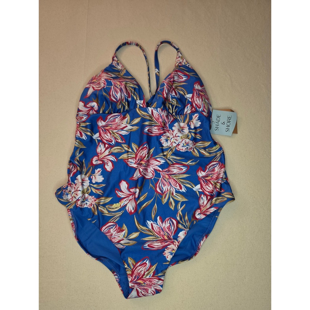 Shade & Shore Plunge One Piece Swimsuit Blue Large NWT